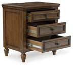 Brown three-drawer night stand with open drawers and metal drawer slides