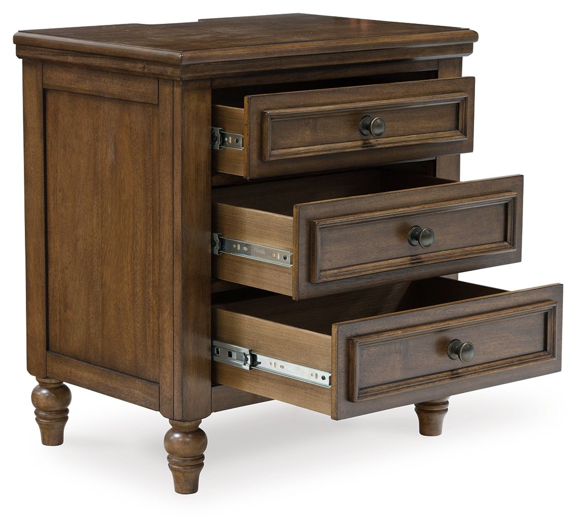 Brown three-drawer night stand with open drawers and metal drawer slides