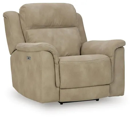 Sand beige power recliner chair with rounded arms and headrest, front angle