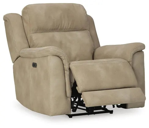 Sand beige power recliner chair with padded arms and smooth back cushion