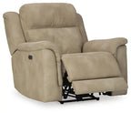 Sand beige power recliner chair with padded arms and smooth back cushion