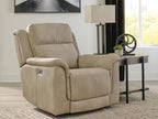 Sand beige power recliner chair with tall back and padded side arm panels