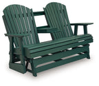 Green wooden loveseat glider with slatted back and seat, angled side view
