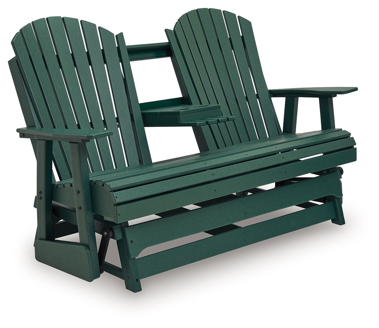 Green wooden loveseat glider with slatted back and seat, angled side view