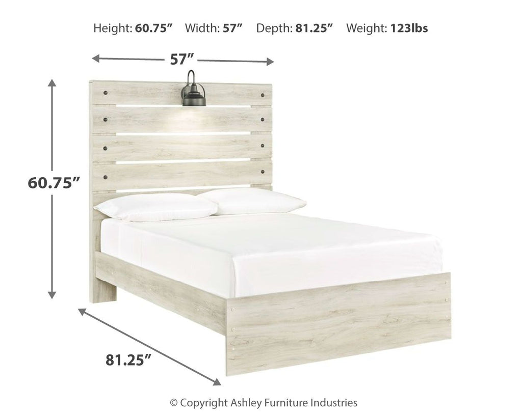 Light wood panel bed with white mattress and pillows; height and width measurements shown