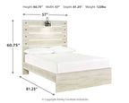 Light wood panel bed with white mattress and pillows; height and width measurements shown