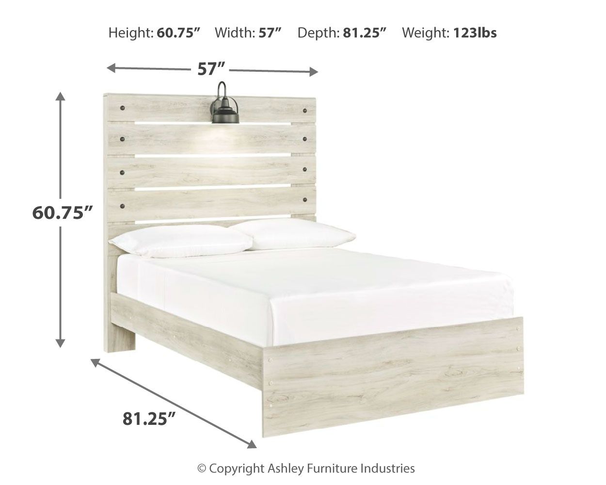 Light wood panel bed with white mattress and pillows; height and width measurements shown