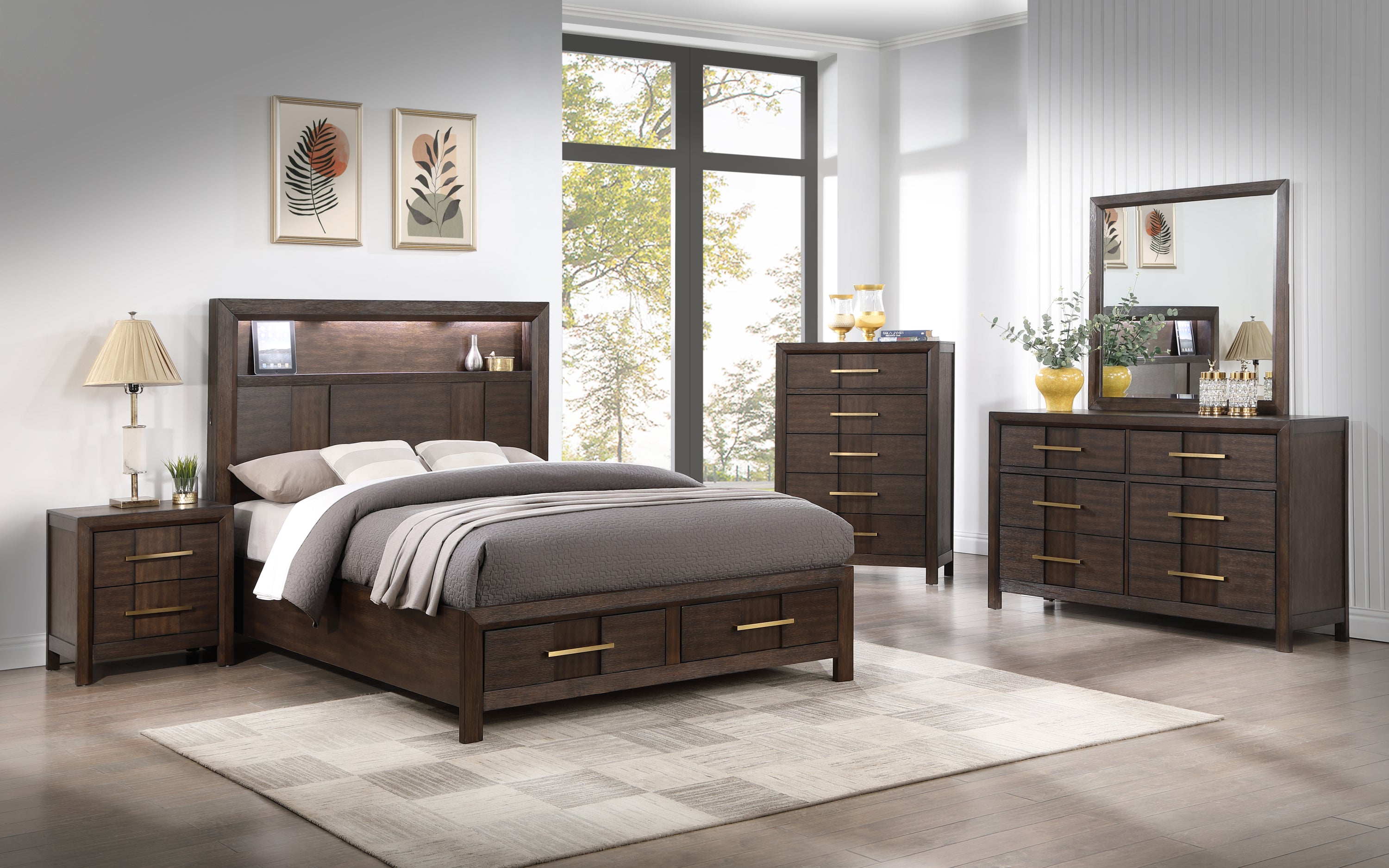 KENZO Modern Queen 5PC Storage Bed Set LED USB Walnut Wood
