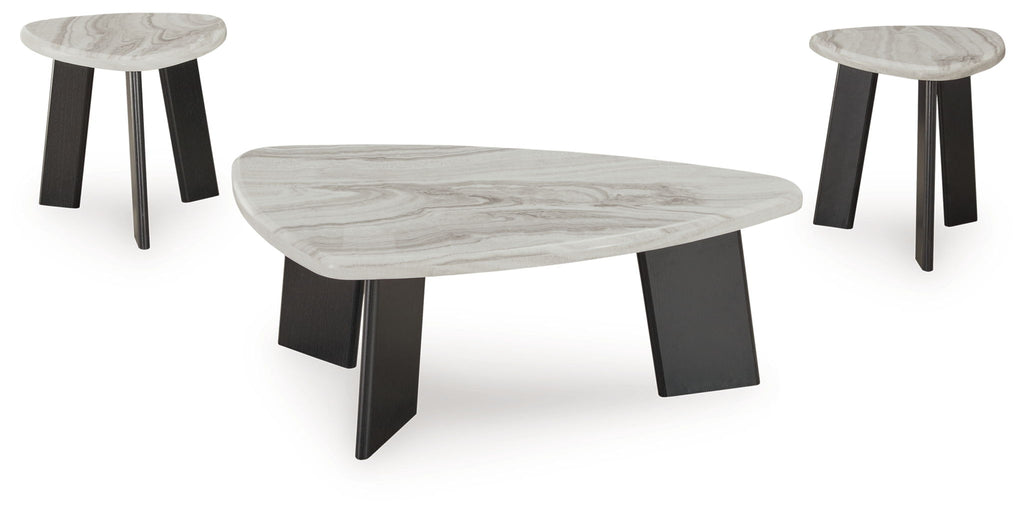 Round occasional table set (3) with gray marble pattern and black legs