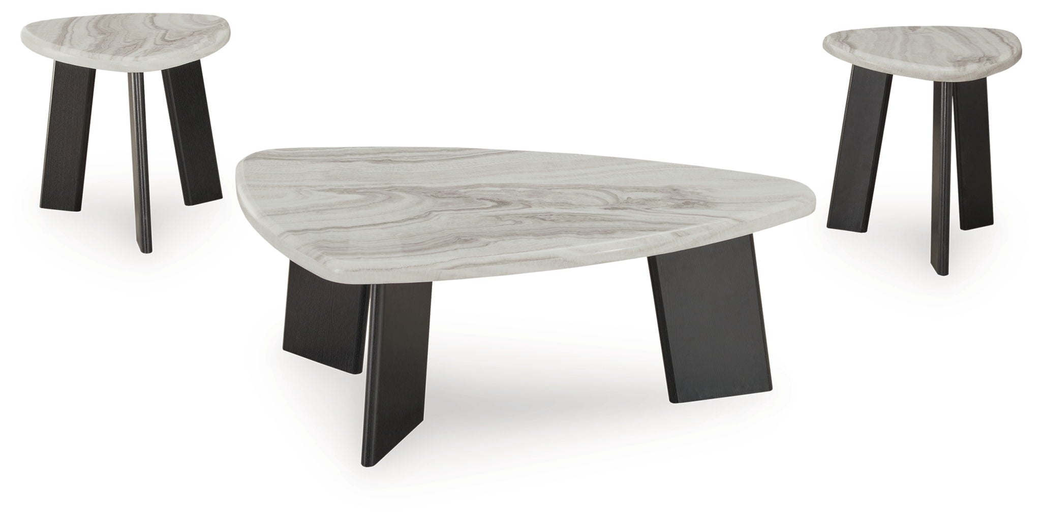 Round occasional table set (3) with gray marble pattern and black legs