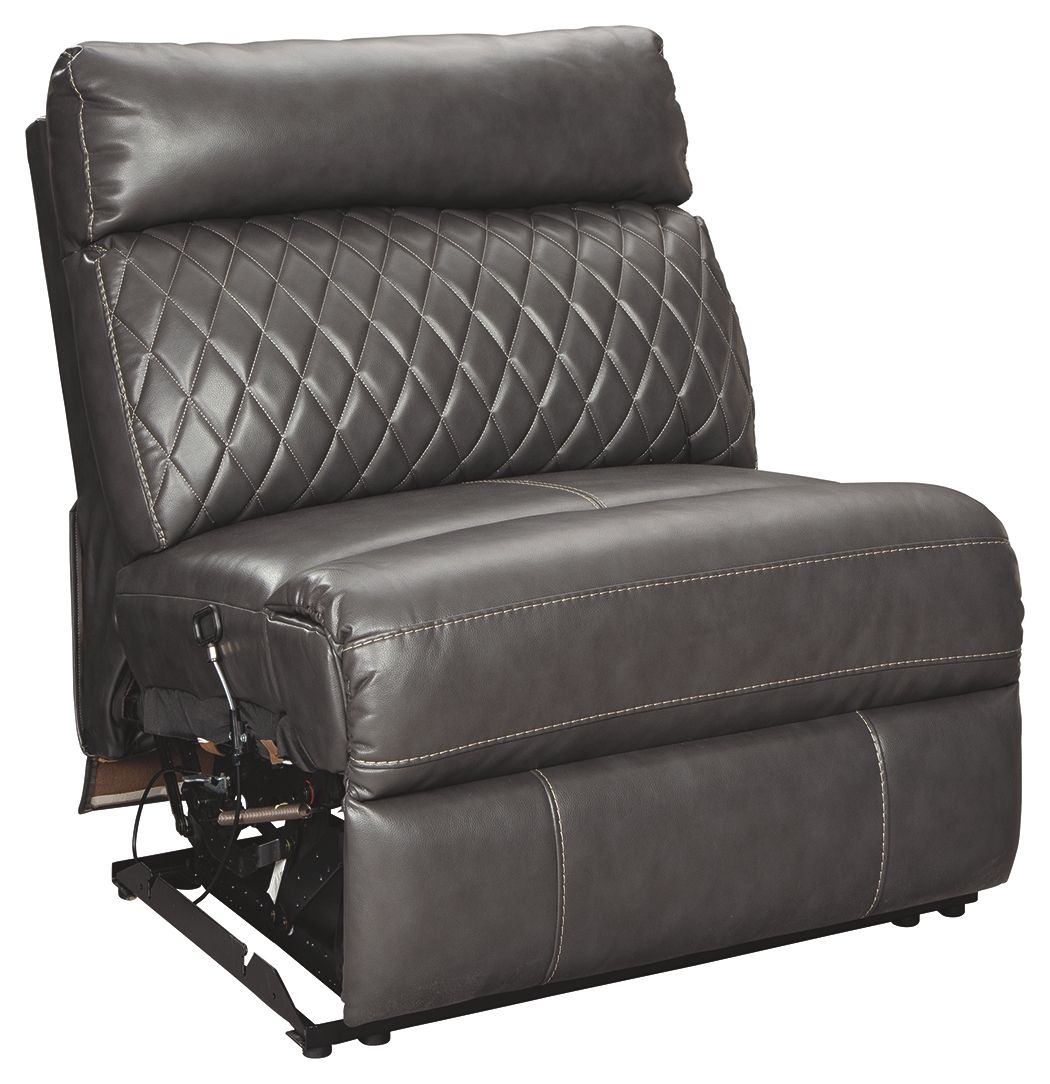 Gray armless recliner chair with diamond-quilted back and padded seat