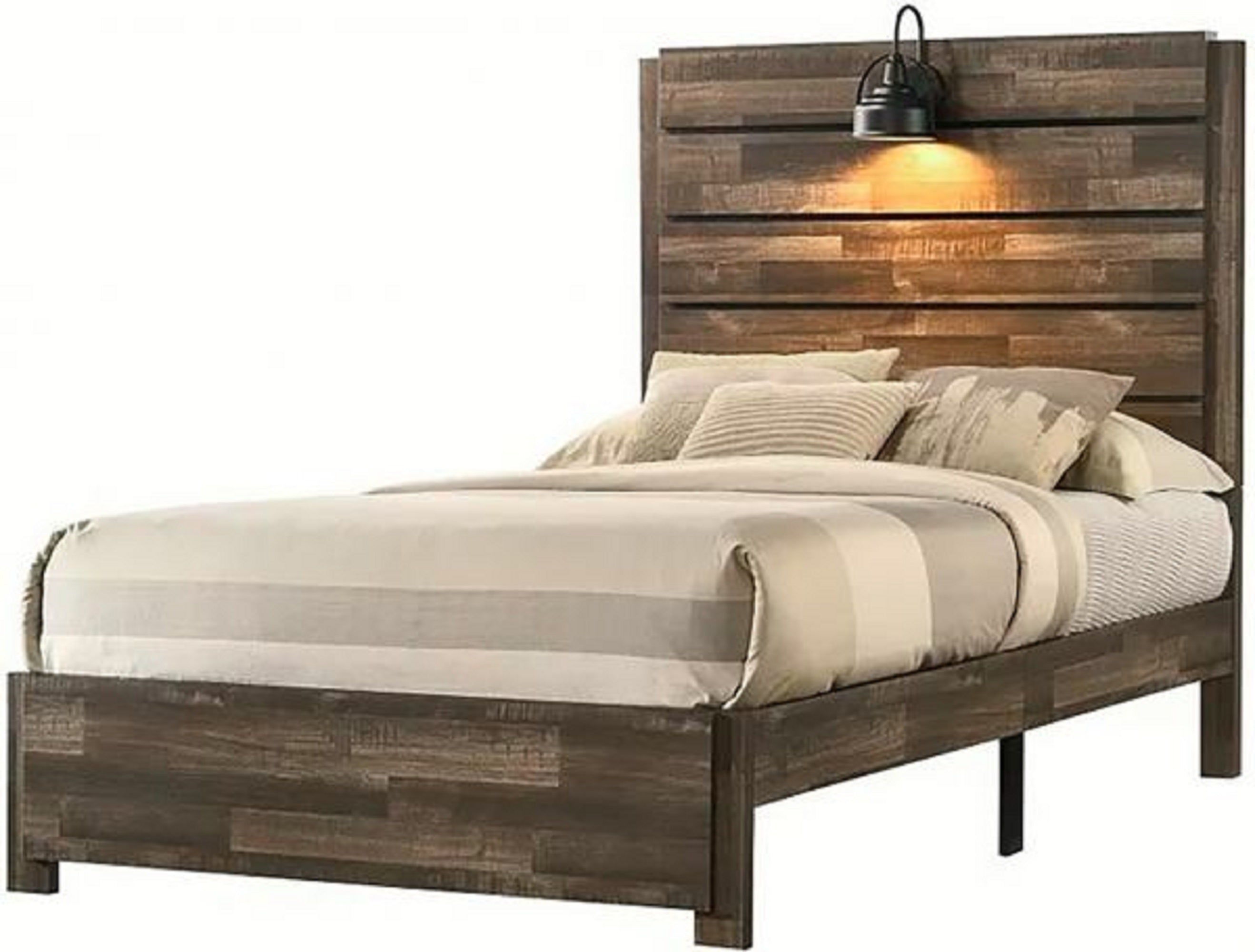 Rustic Butcher Block Full Bed w/ Lamp - Weathered Brown Wooden Furniture