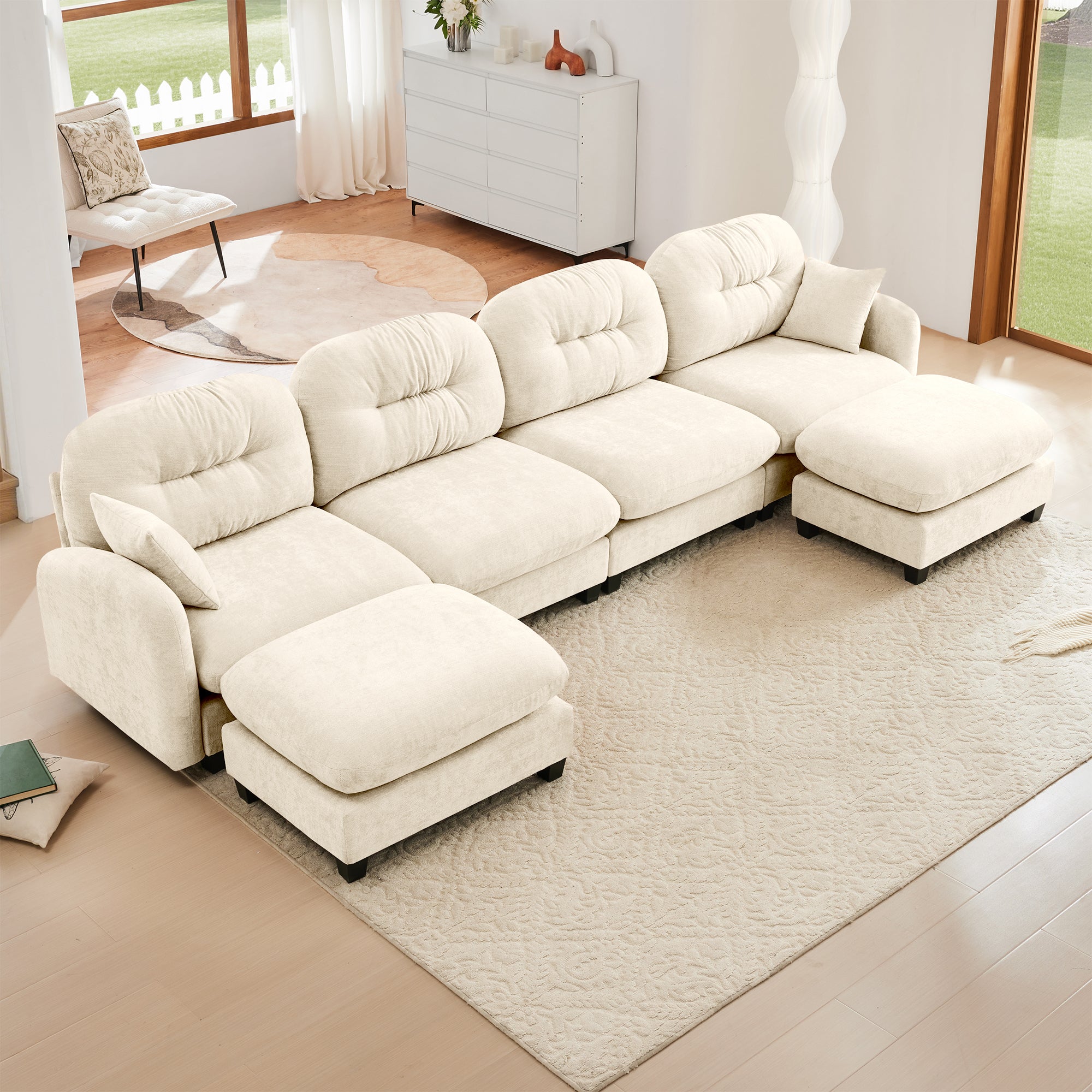 Modular U-Shaped Sectional Sofa with Ottoman, Chenille Beige