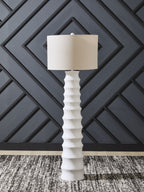 White table lamp with fabric drum shade and ridged pedestal base, full view