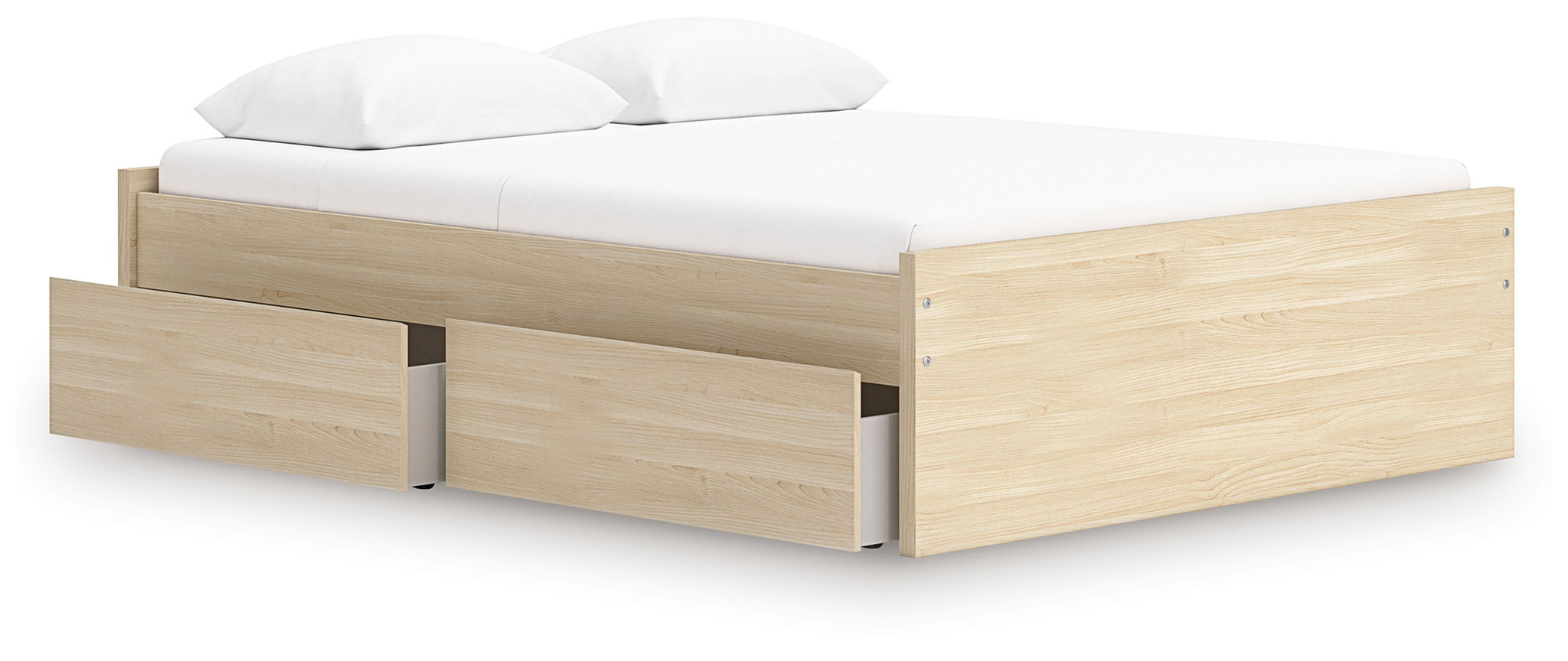 Light wood platform bed with one side storage drawer and slatted base