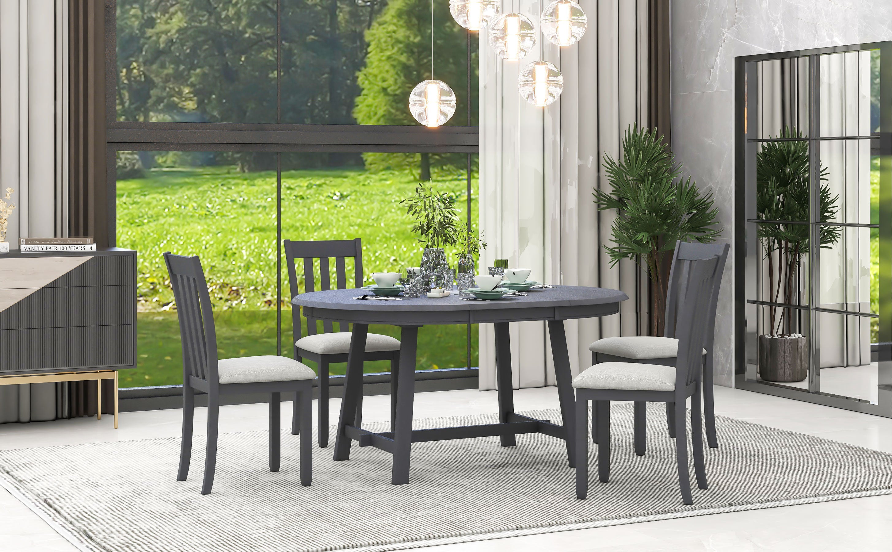 5-Piece Round Extendable Dining Table Set (Gray)
