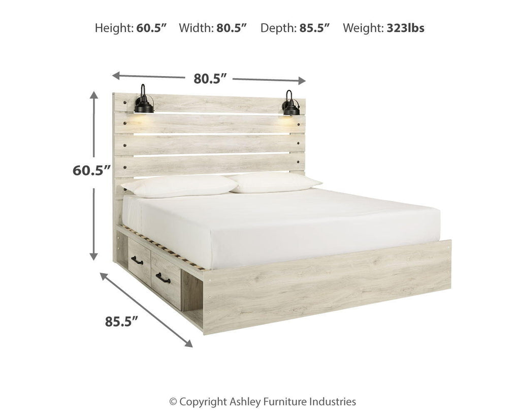 Beige panel bed with white mattress and two front storage drawers, size dimensions