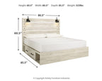 Beige panel bed with white mattress and two front storage drawers, size dimensions