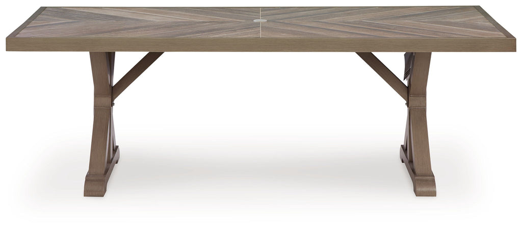 Rectangular dining table, beige slatted tabletop and arched legs.