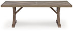 Rectangular dining table, beige slatted tabletop and arched legs.