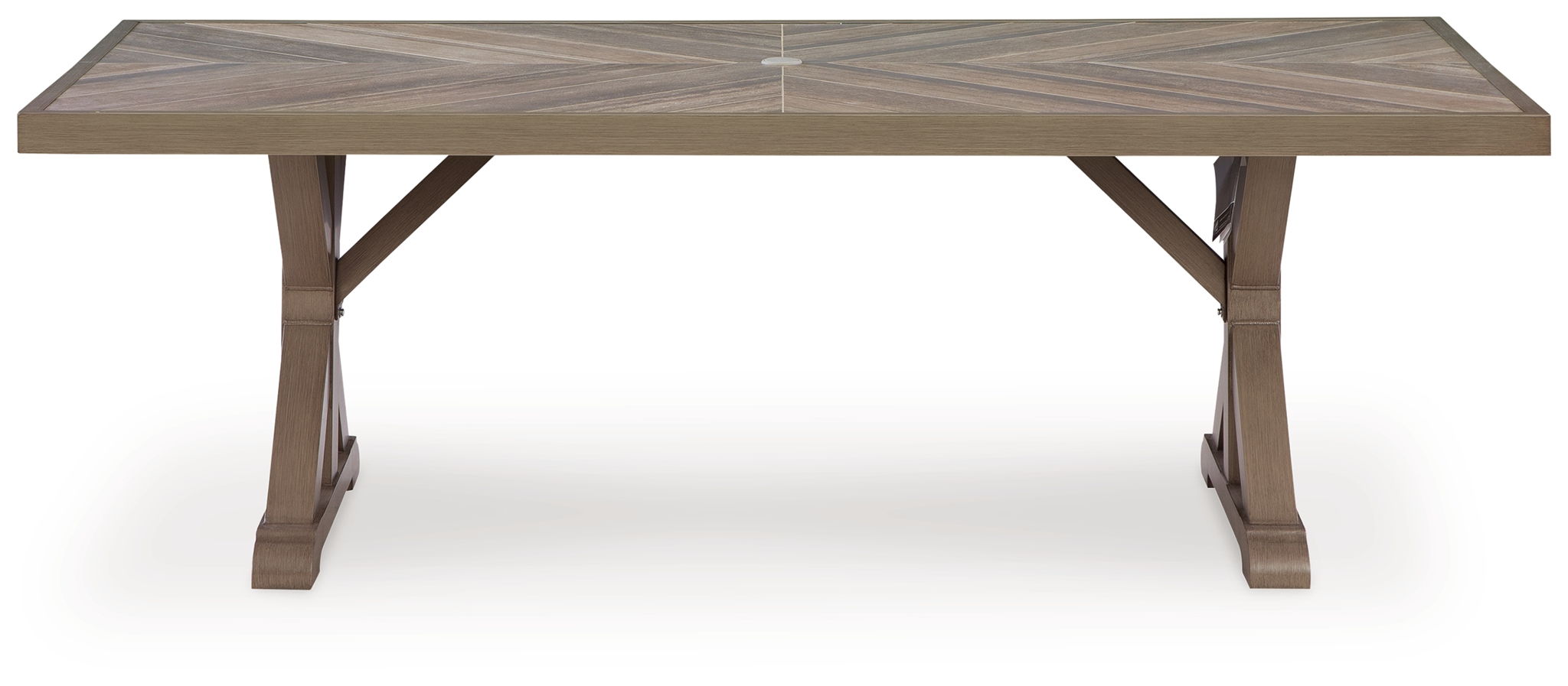 Rectangular dining table, beige slatted tabletop and arched legs.