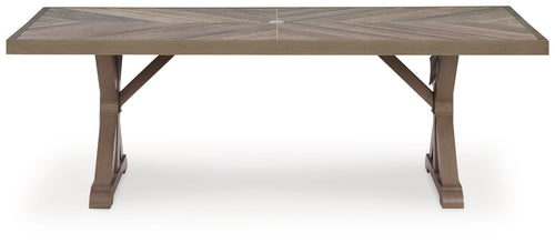 Rectangular dining table, beige slatted tabletop and arched legs.
