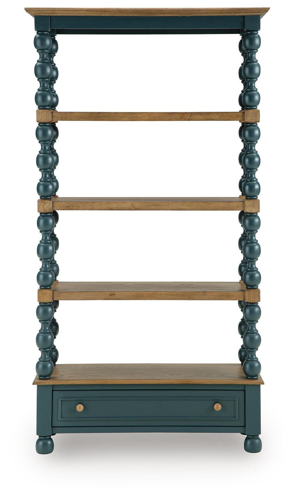Blue bookcase with brown open shelves and lower drawer, turned column sides.