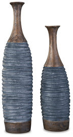 Set of 2 tall ribbed vases, antique gray-blue with brown mottled necks