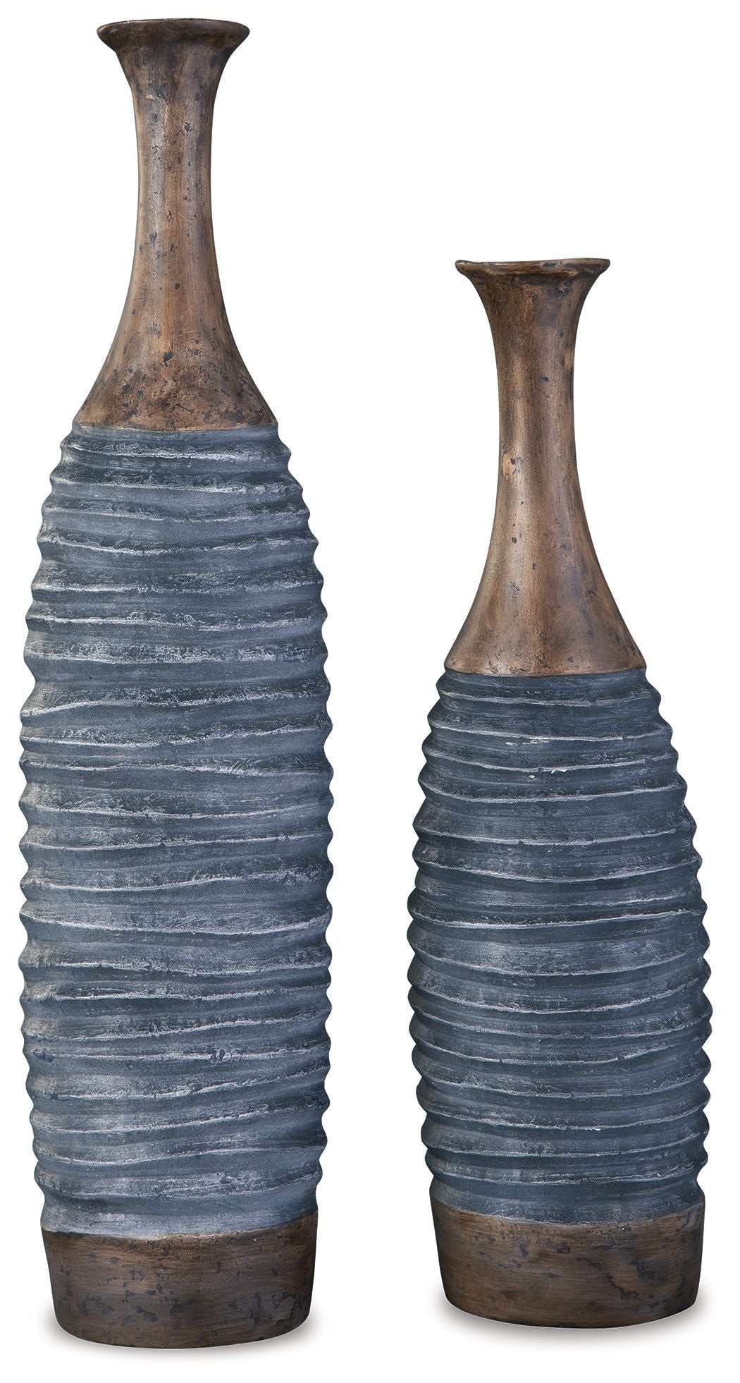 Set of 2 tall ribbed vases, antique gray-blue with brown mottled necks