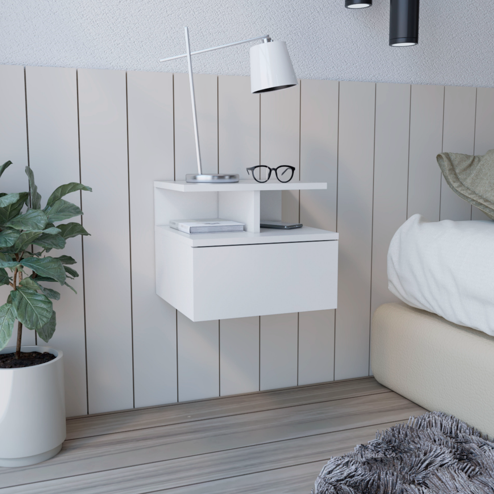 Adele White Floating Nightstand: Drawer & Open Shelves