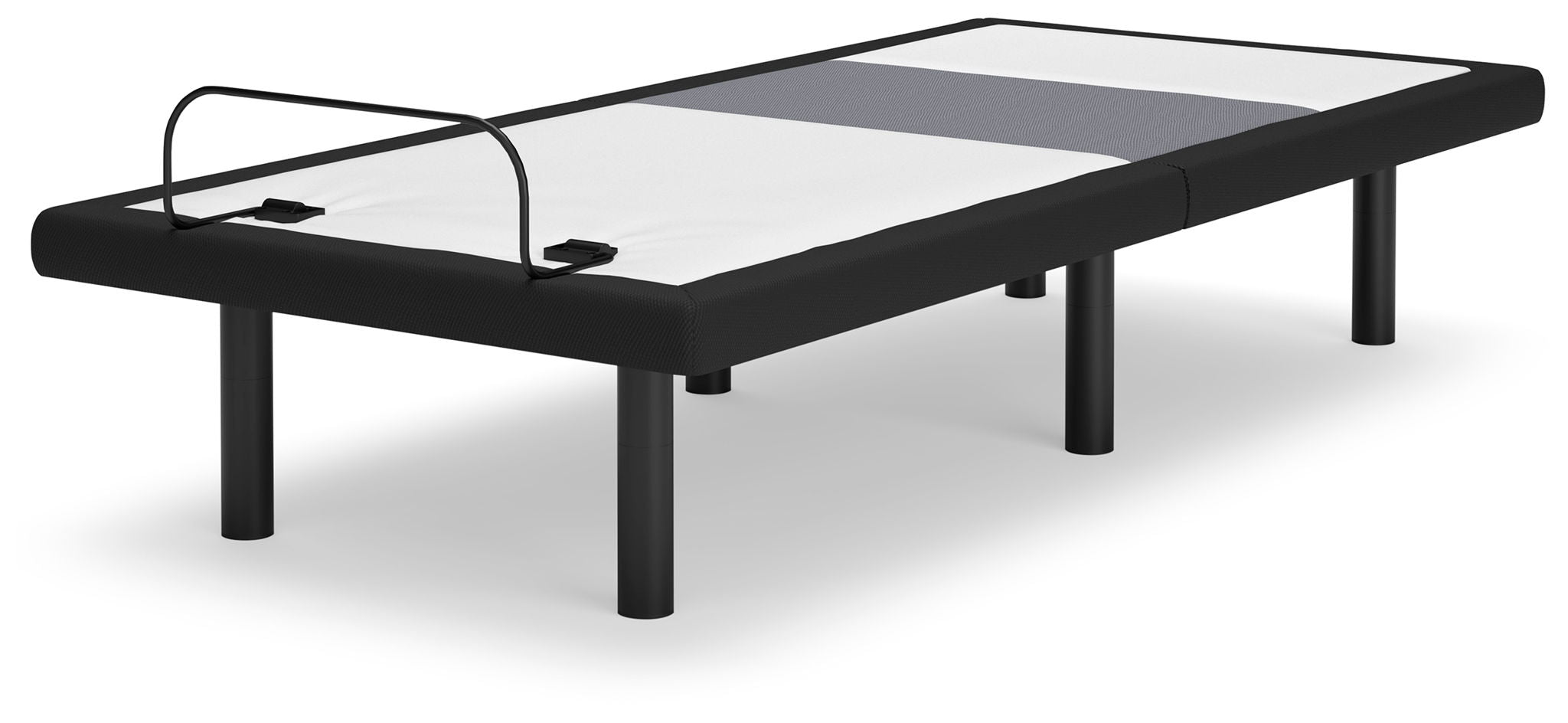 Black bed base with light fabric top and black metal legs