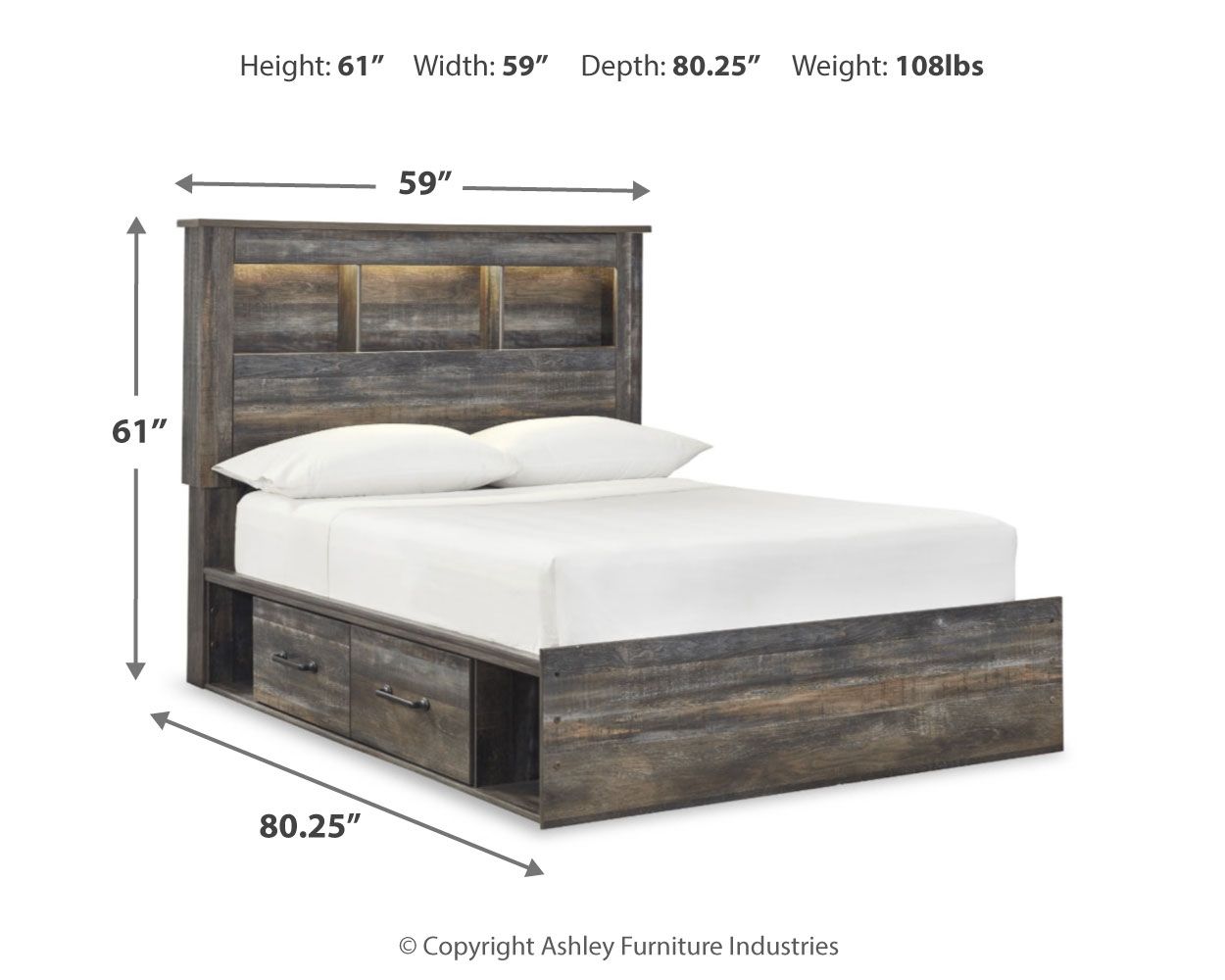 Panel bookcase bed with dark wood frame and two front drawer storage compartments