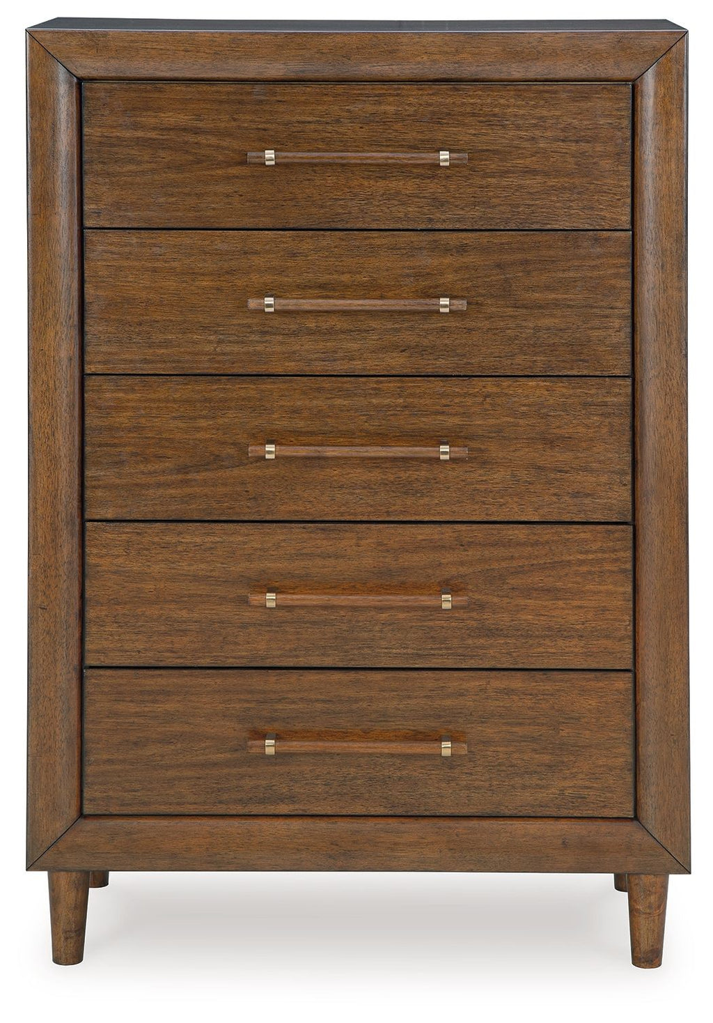 Lyncott brown five-drawer chest, front view, with bar pulls and tapered legs