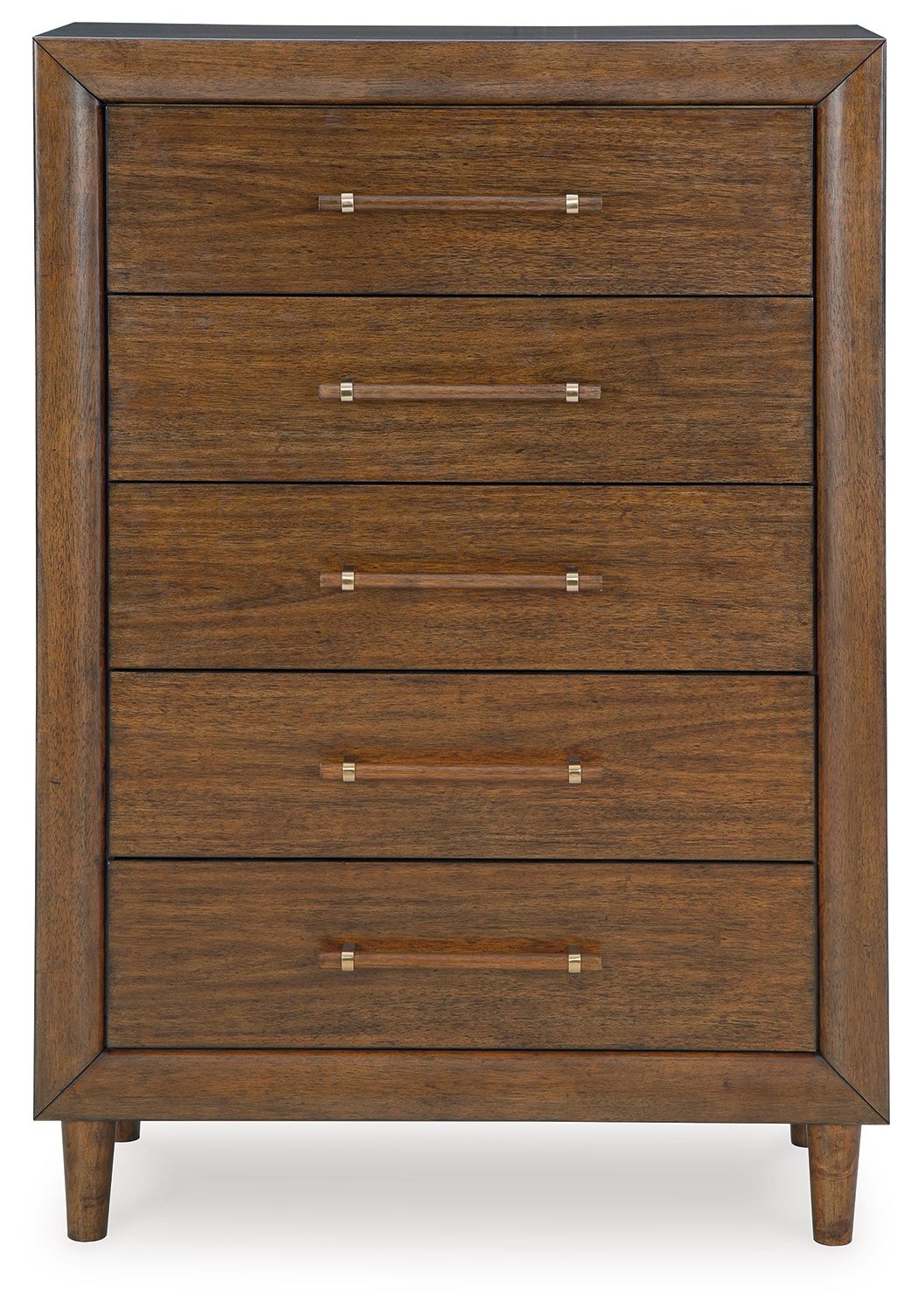 Lyncott brown five-drawer chest, front view, with bar pulls and tapered legs
