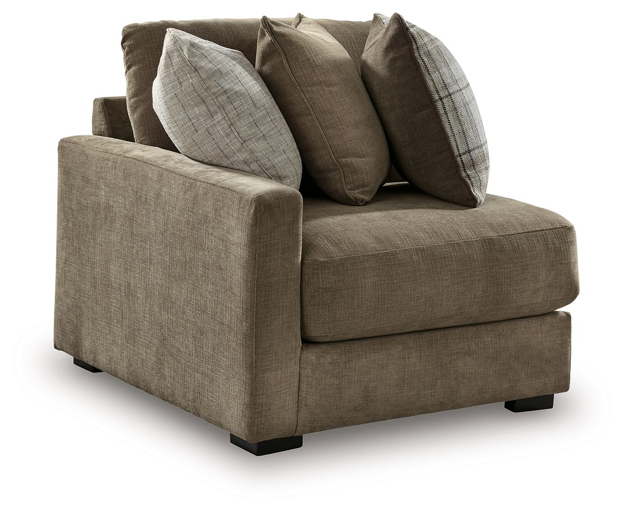 Upholstered corner chair with rolled arms, taupe fabric and four decorative pillows