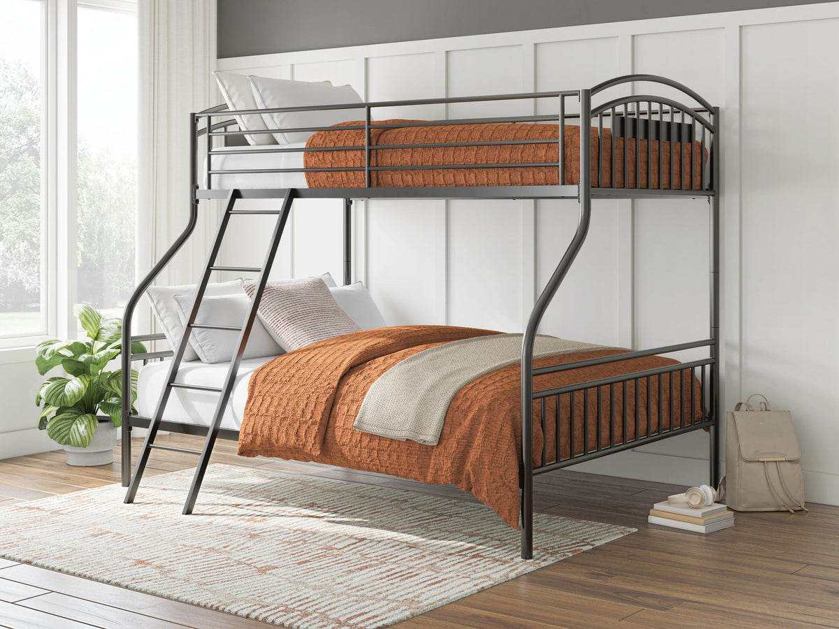Dark gray bunk bed with ladder, guardrails, and orange patterned bedding