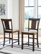 Pair of wooden barstools with dark brown backs and light brown seats, straight square legs