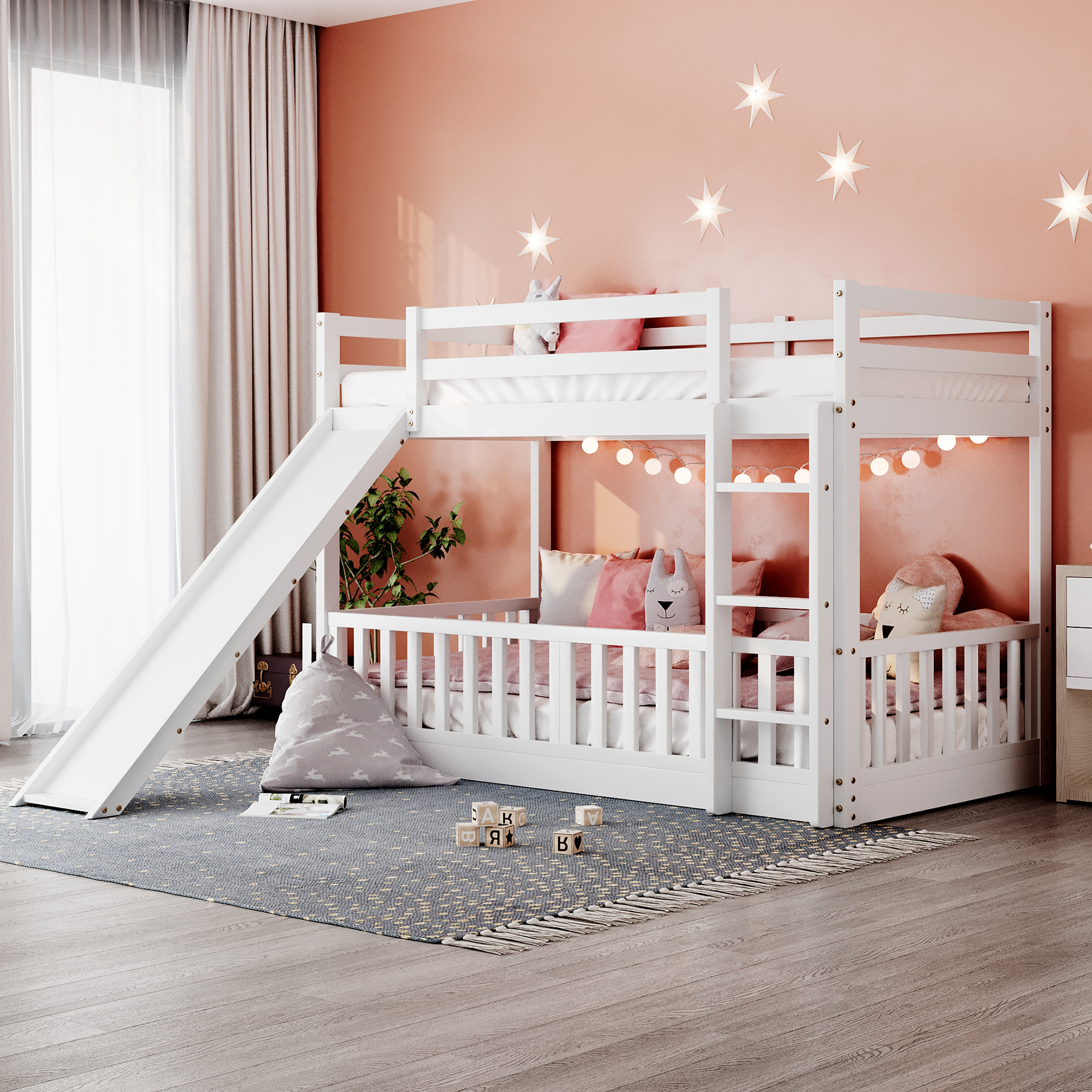 White Twin Over Twin Bunk Bed with Slide & Ladder