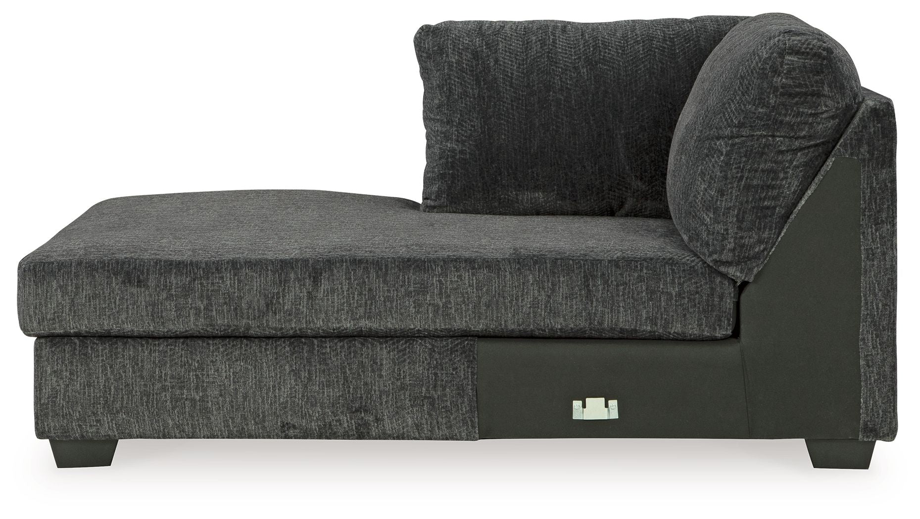 Dark gray fabric corner chaise with thick seat, padded backrest, and block feet