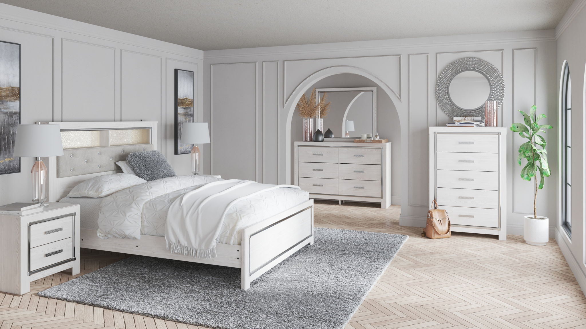 White bed headboard with tufted panel and storage shelving above