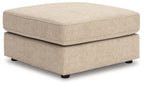 Sand upholstered ottoman with square cushion top and dark legs
