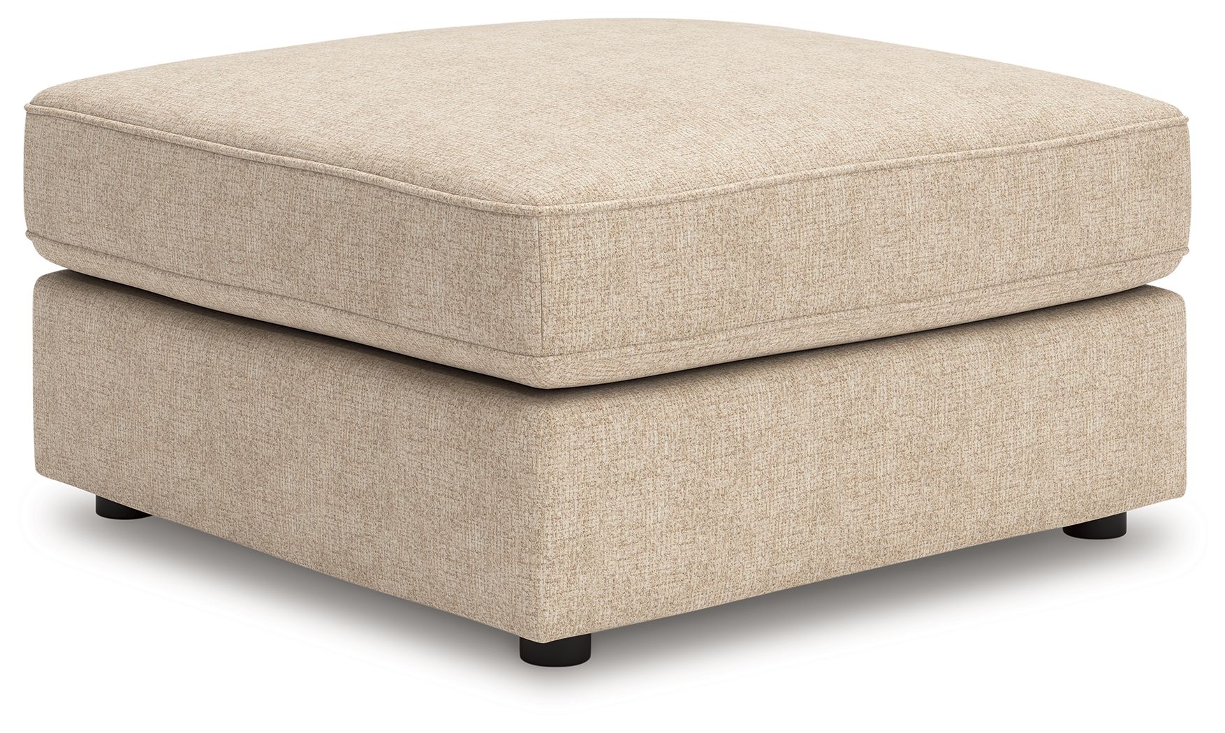 Sand upholstered ottoman with square cushion top and dark legs