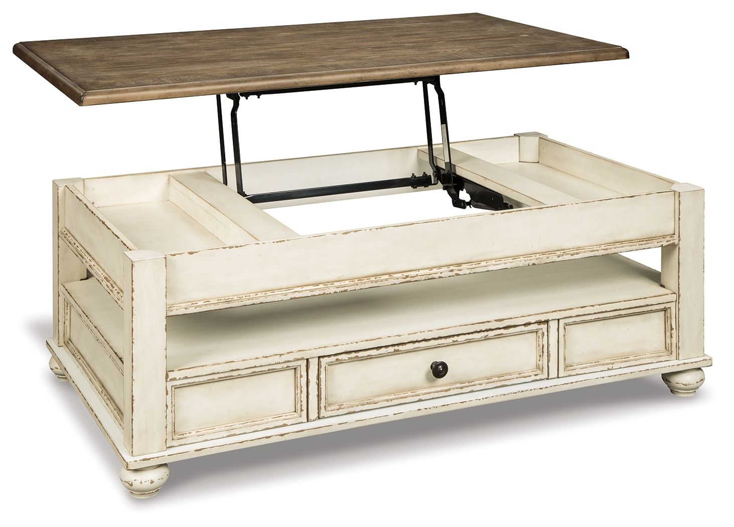 Lift-top cocktail table with raised top, dark wood surface, white base and drawer.
