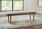 Large upholstered dining bench with gray seat and brown wooden legs