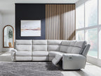 Light gray reclining sectional sofa with chaise recliner and cushioned arms