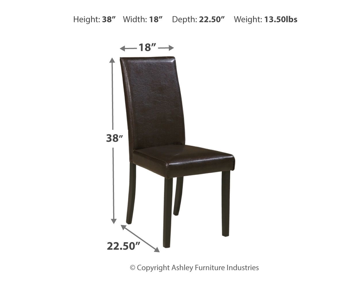 Dining side chair in dark brown upholstered fabric with straight wooden legs