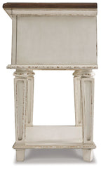 Distressed white night stand with solid panel front and brown wood top