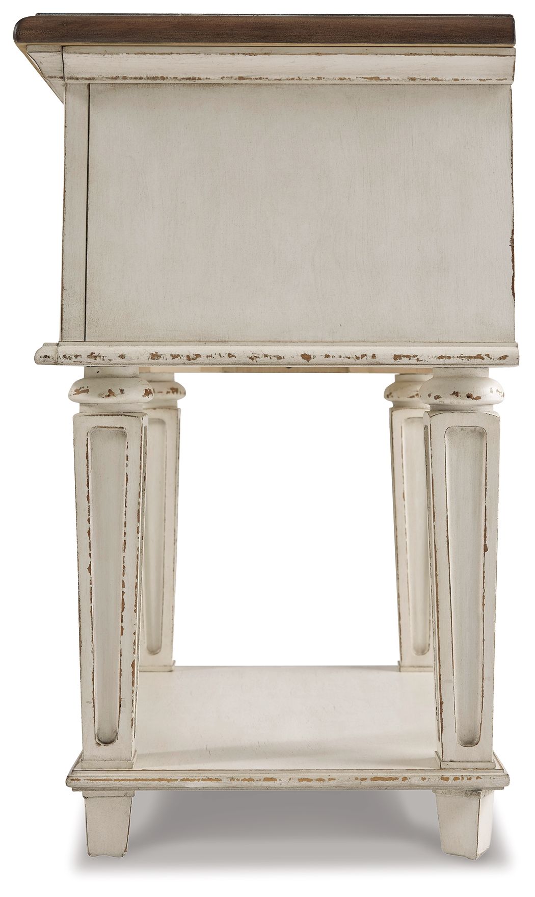 Distressed white night stand with solid panel front and brown wood top