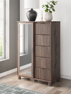 Brown dressing chest with side mirror and vertical-slat drawers, open door