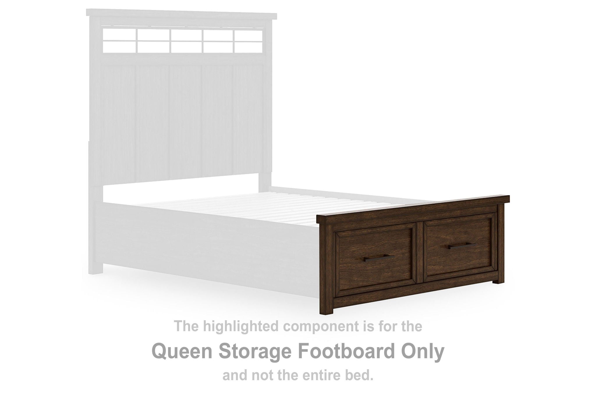 Queen storage footboard with two drawers, medium brown wood.